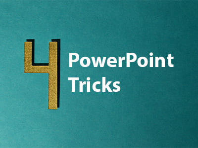 Goldene Vier auf türkiser Fläche mit Beschriftung Vier PowerPoint-Tricks